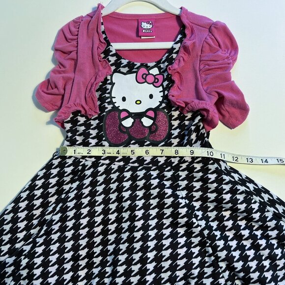 Hello Kitty Carmine Rose Pink Houndstooth Dress w/ Shrug Ruffled Skirt Size 5 - Picture 8 of 9
